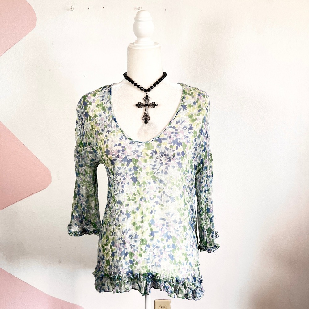 Ella Moss 100% Silk Top Sz Medium Boho Fairy Blouse Ruffles Floral‎